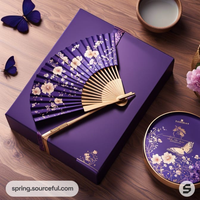 Purple fan with floral design on a wooden surface with accessories.