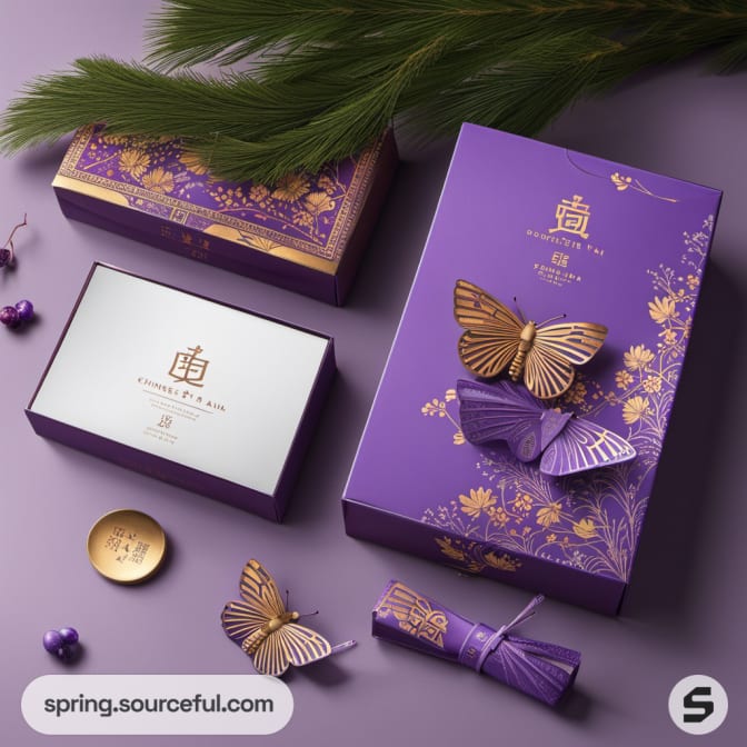Purple gift boxes with fans and butterfly motifs.