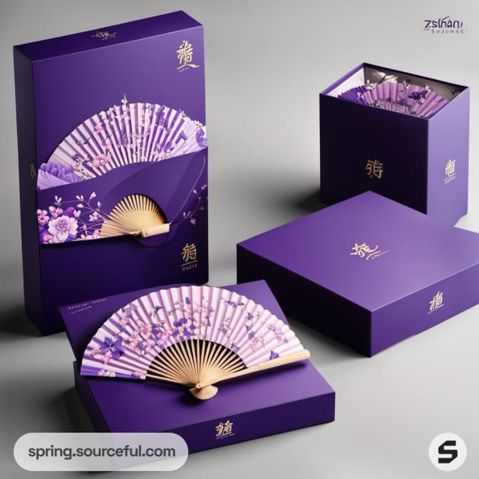 Lavender fans in purple boxes with floral designs.