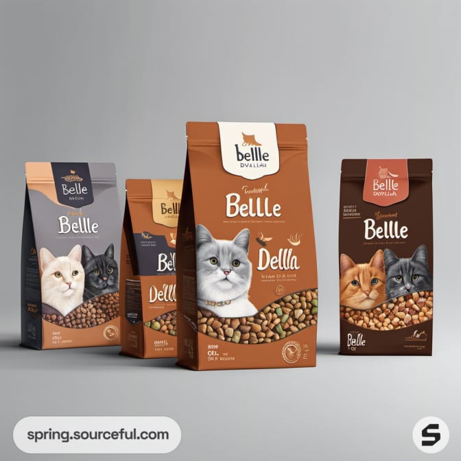 Cat food bags with illustrations of cats and kibble on a gray background.