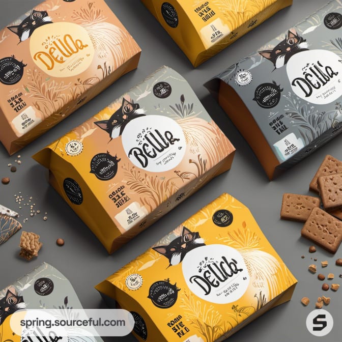Variety of colorful cat food boxes with illustrations and patterns.
