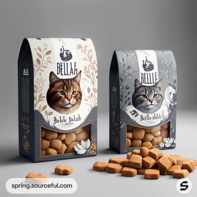 Two cat treat packaging with floral designs and open front windows.