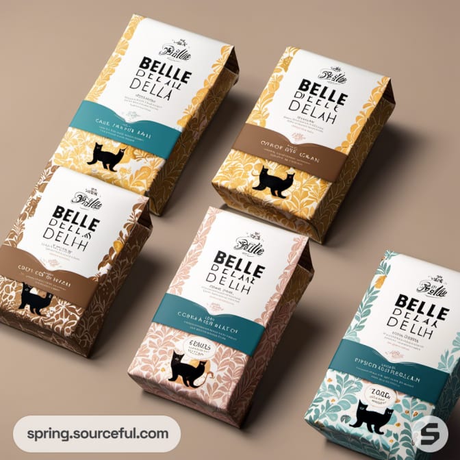 Five elegant cat food packages with intricate designs and cat silhouettes.