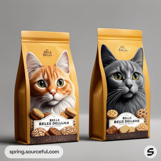 Two cat food bags featuring realistic cat portraits on yellow packaging.