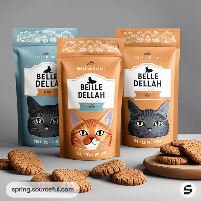 Three resealable pouches of cat treats with cat illustrations and treats scattered.