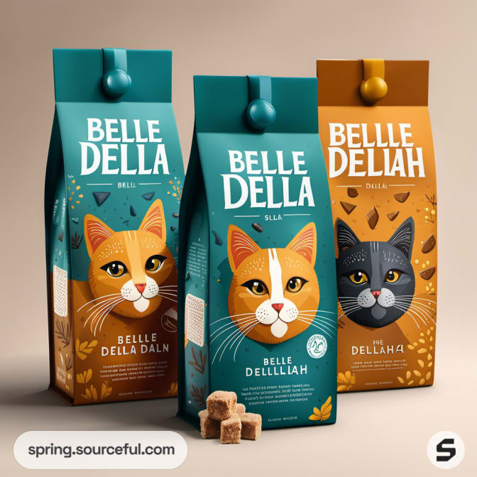 Three tall cat food packages with colorful cat illustrations and treats.
