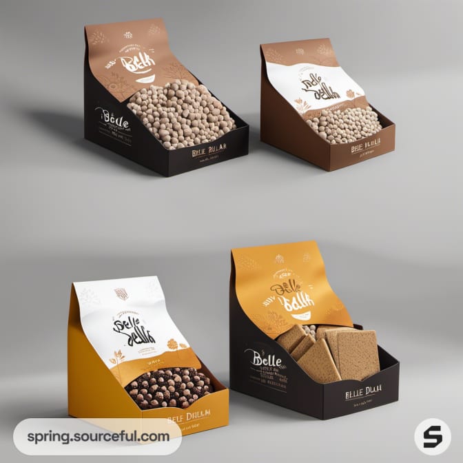 Four snack display boxes with cat snacks in open packages.