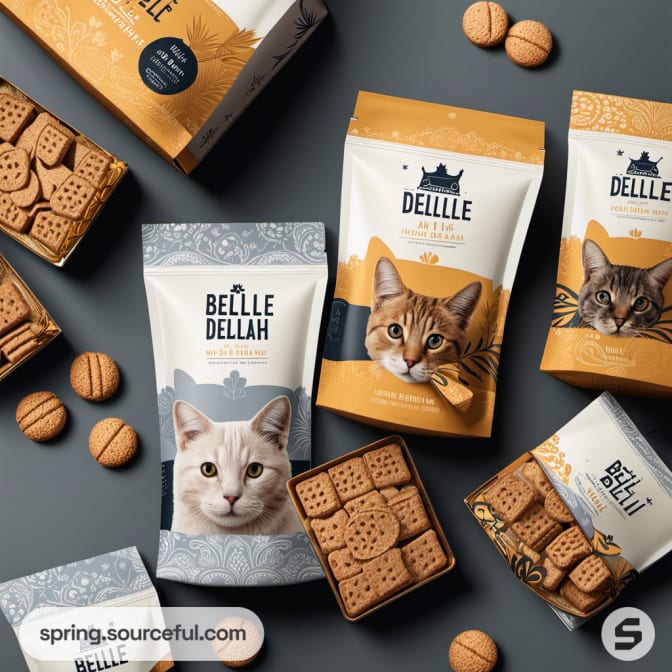 Cat treat packs with illustrations, featuring various baked treats.