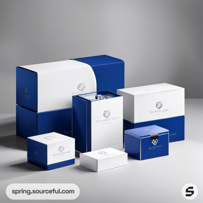 Blue and white luxury packaging boxes arrangement