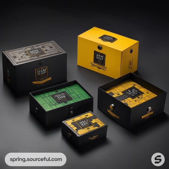 Black and yellow escape room packaging boxes on grey background.