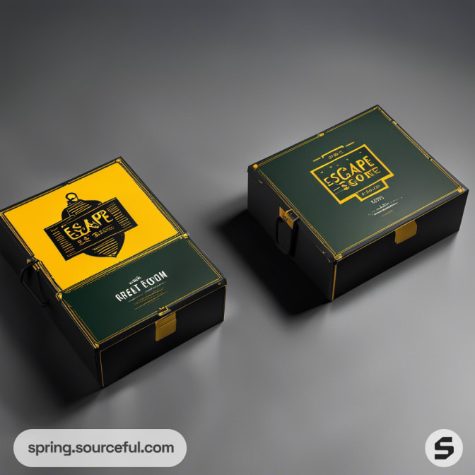 Green and yellow escape room boxes with intricate designs.