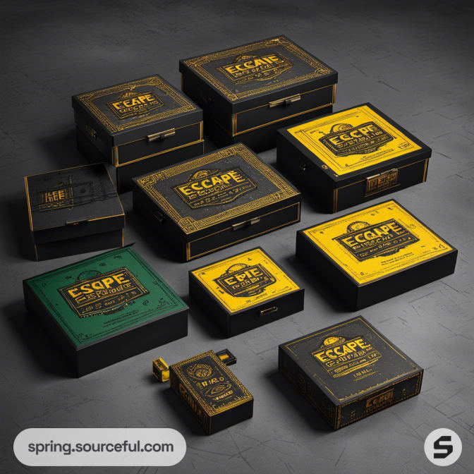 Assorted escape room packages in black, yellow, and green.