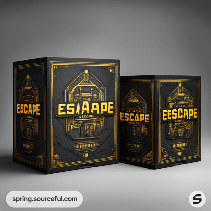 Tall black and gold escape room boxes with bold text.
