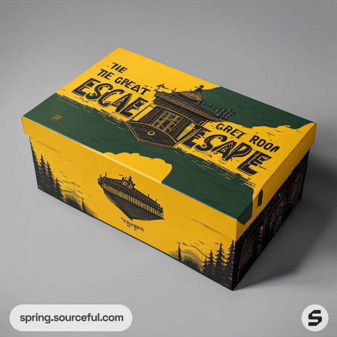 Yellow and green escape box depicting a scenic view.