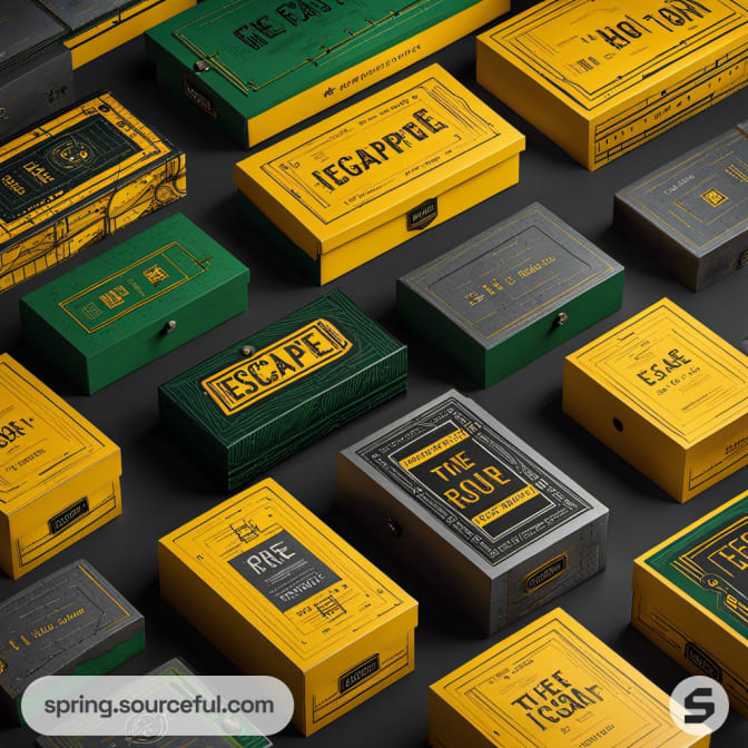 Various vibrant escape room boxes in yellow, green, and grey.