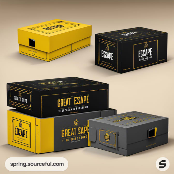 Stacked black and yellow escape room mailer boxes.