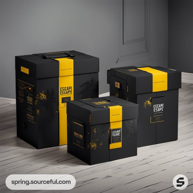 Large black gift boxes with yellow accents on wooden floor.