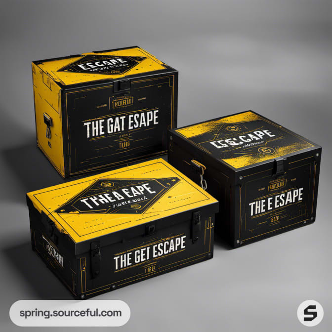 Three black and yellow escape room mailer boxes.