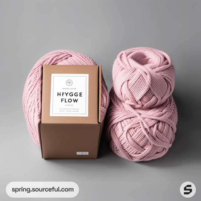 Pink yarn and brown box on gray background.