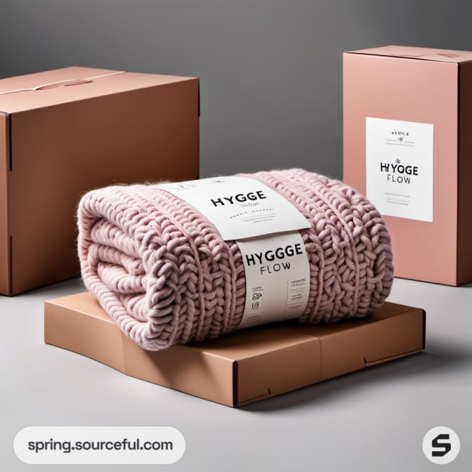Pink knitted blanket on brown cardboard box.