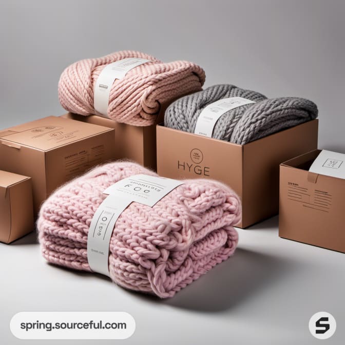 Knit blankets in pink, gray, in brown boxes.