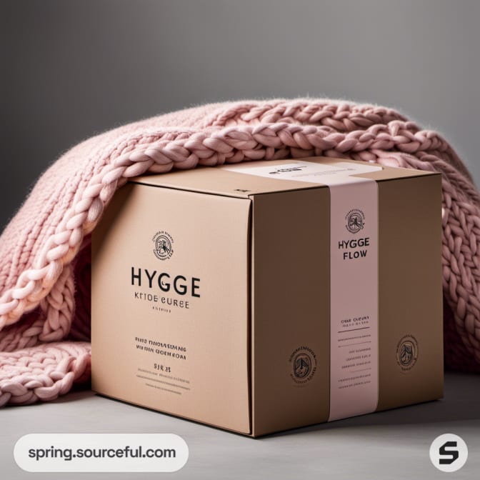 Pink blanket draped over brown box packaging.