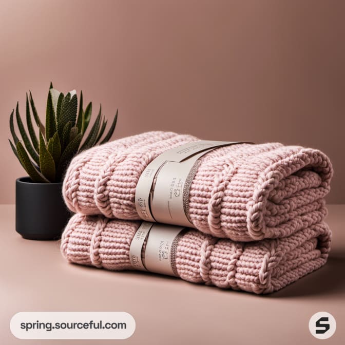 Two pink folded knitted blankets with plant.