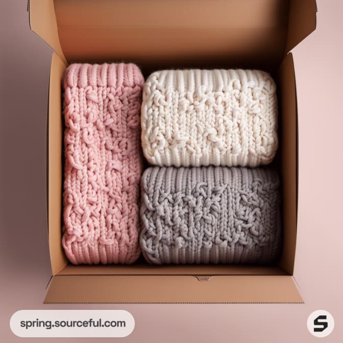Open box with pink, cream, gray knit blankets.