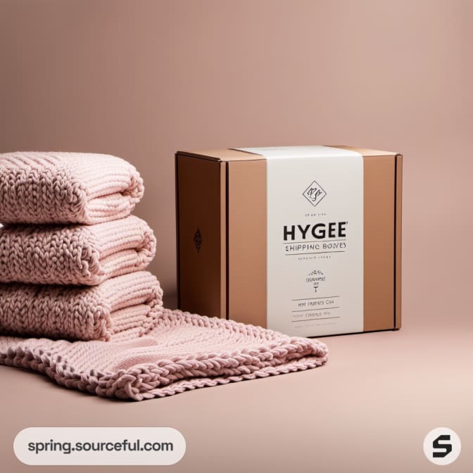 Stacked pink blankets next to brown box.