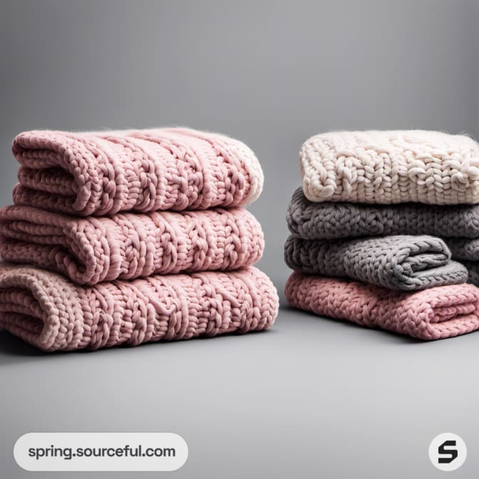 Two stacks of pink, gray, cream knit blankets.