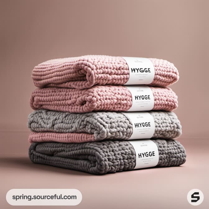 Stacked pink and gray folded knit blankets.