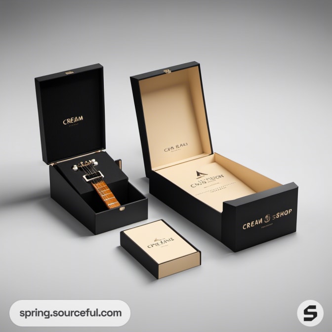 Black and gold watch in a luxurious black box with an open lid.
