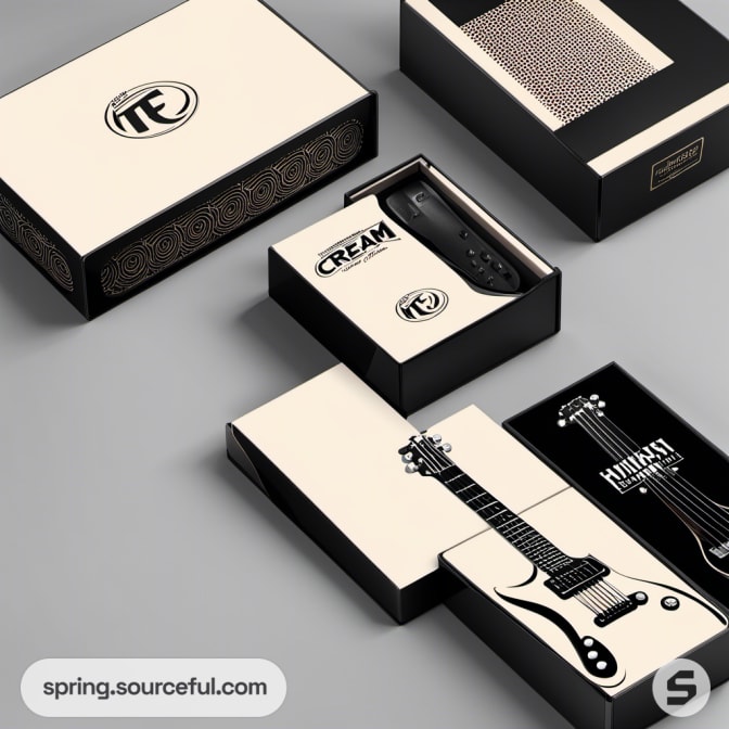 Black and cream guitar amp packaging with vintage design.