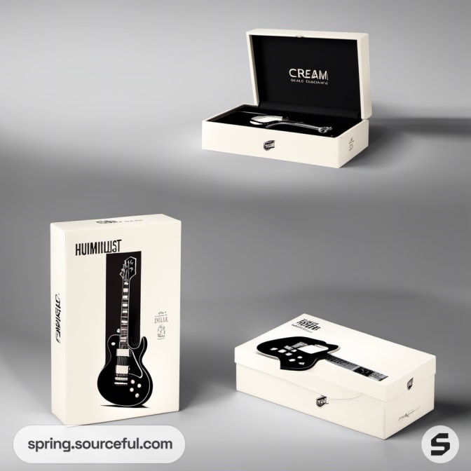 Guitar in a white box with black and white guitar illustration.