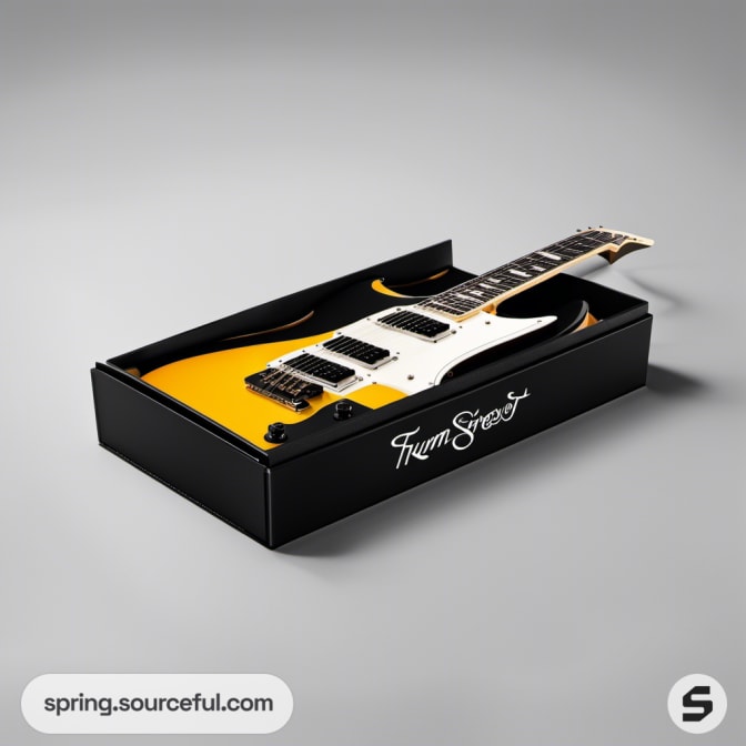 Yellow guitar in a sleek black box with branding on side.