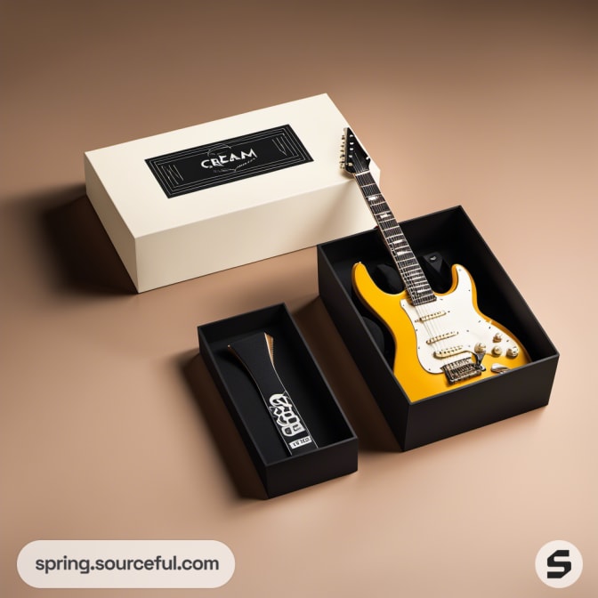 Yellow guitar with accessory in black and cream two-piece box.
