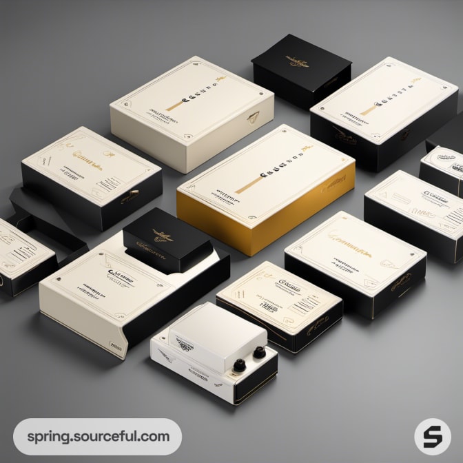 Collection of elegant black, white, and gold packages.