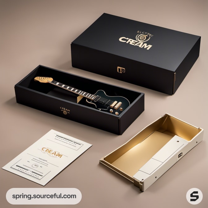 Black and gold guitar package with certificate and accessories.