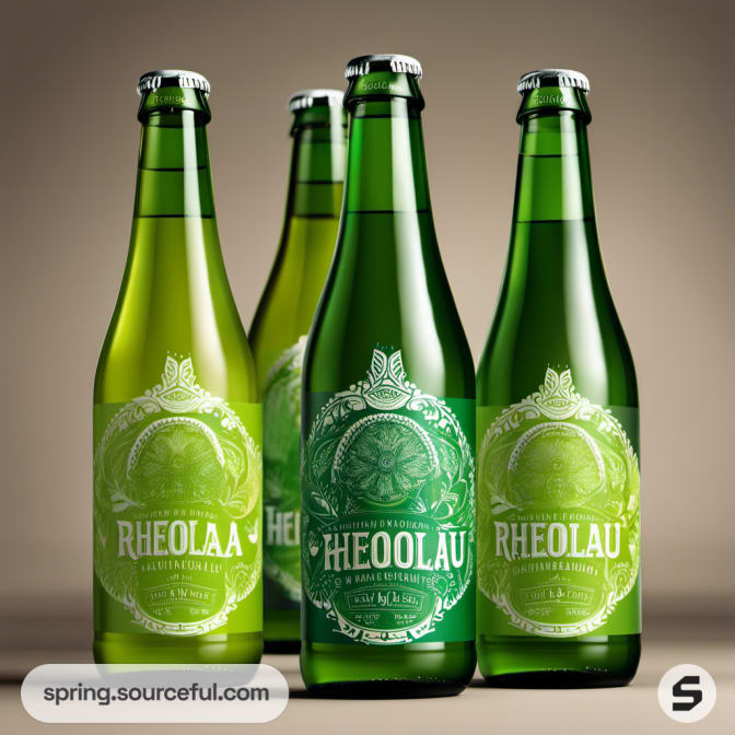 Green glass bottles with ornate labels, standing upright.