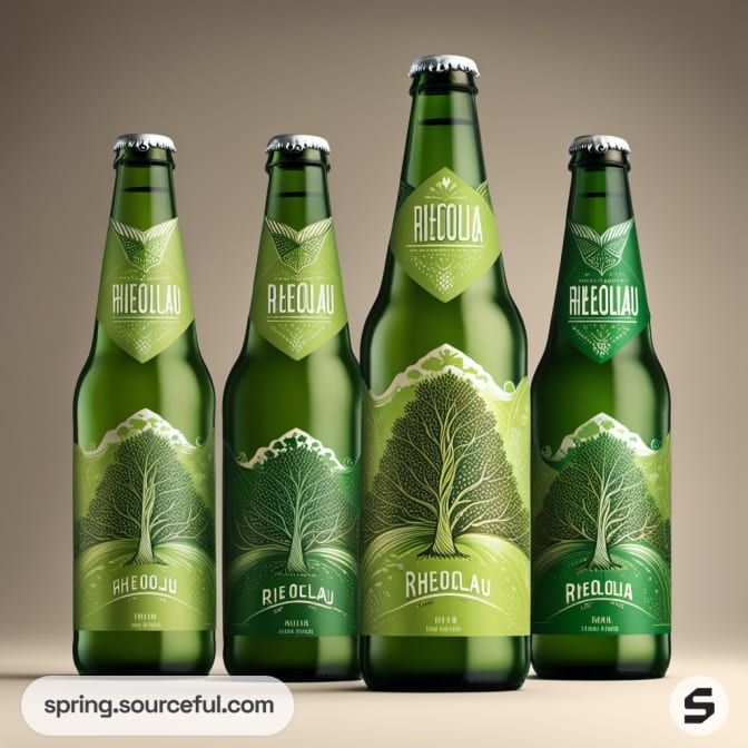 Four green glass bottles with tree illustrations on labels.