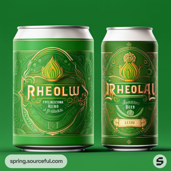 Two green cans with ornate vintage-style designs.