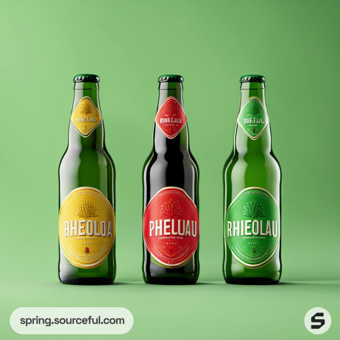 Three glass bottles with differently colored labels, on green background.