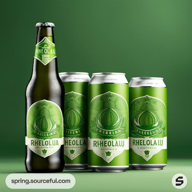 Glass bottle and tall cans with green ornate labels.