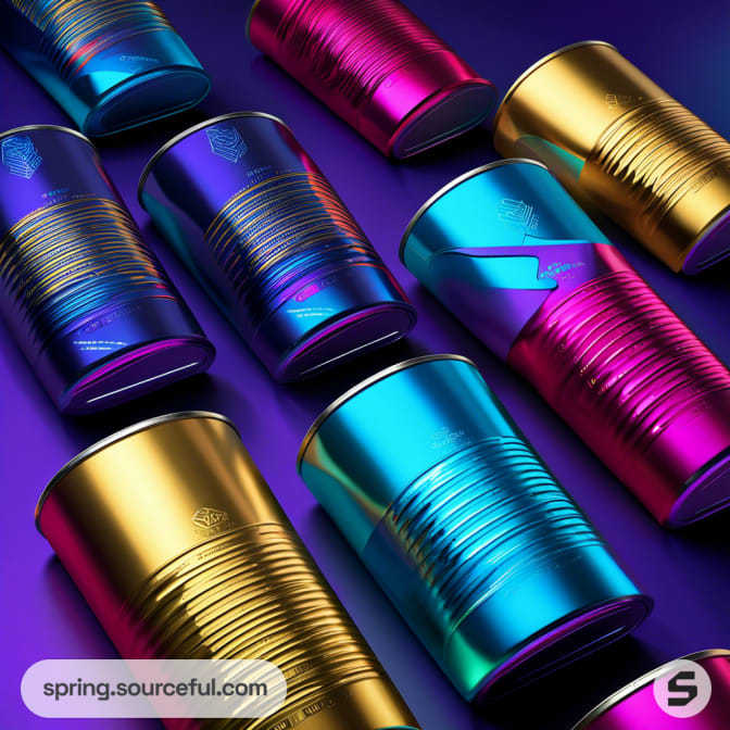 Colorful metallic coffee tumblers in gold, blue, and purple shades on a dark background.