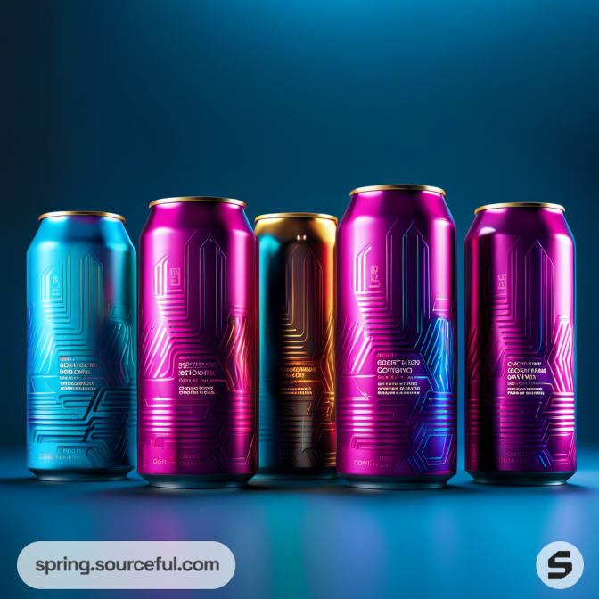 Colorful beverage cans with futuristic designs and gradients, placed on a reflective surface with a blue background.