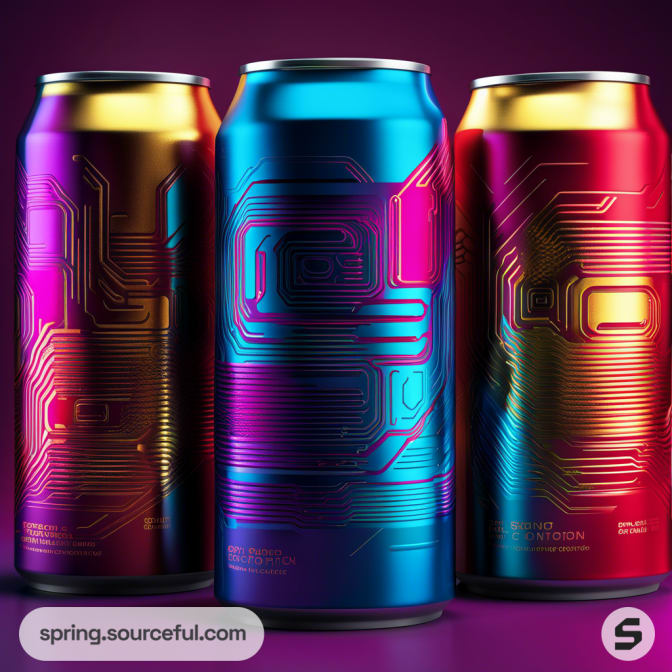 Three vibrant soda cans with circuit-pattern design in blue, red, and purple hues against a dark background.