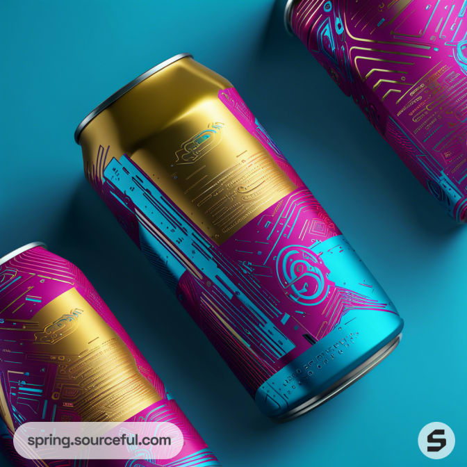 Colorful beverage cans with gold and pink circuit design on a blue background.