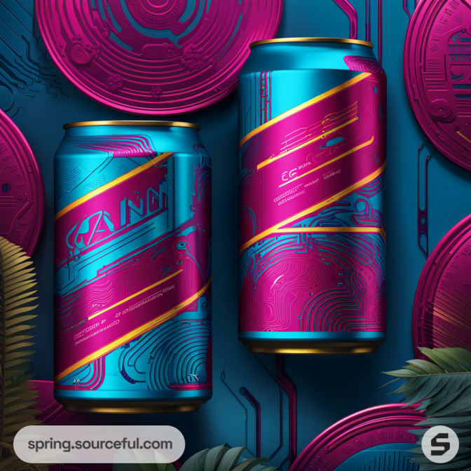 Vibrant blue and pink drink cans with geometric designs and circuit patterns against a matching background.