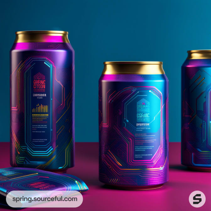 Vibrant drinks cans with neon futuristic designs on a red and blue background.