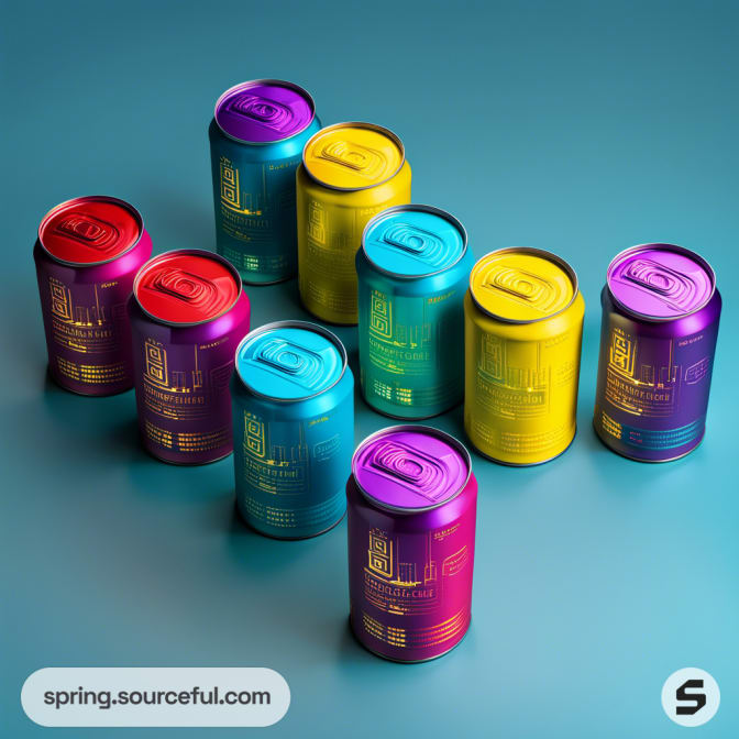 Colorful cans in shades of purple, blue, yellow, and red with geometric designs on a teal background.